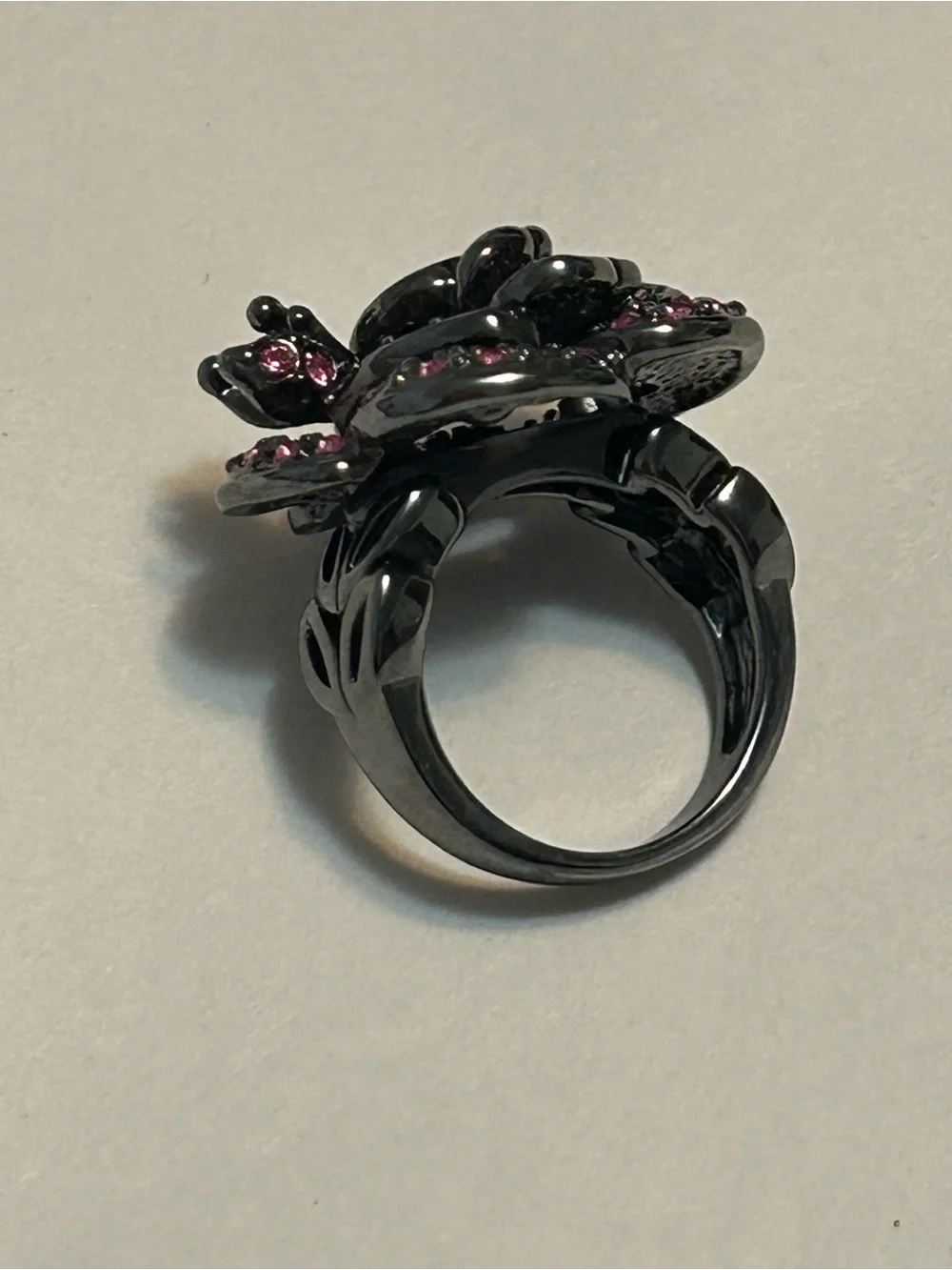 Park Lane Pink Crystal Floral Cocktail Ring With Miniature Corner Butterfly